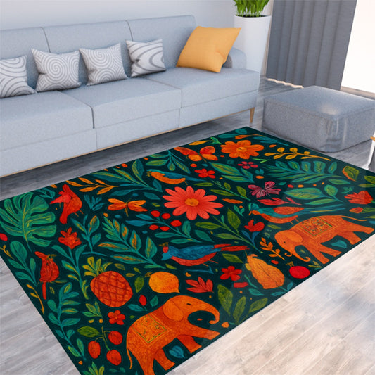 Boho Jungle Spirit Rug – Tropical Elephant Print Floor Mat with Non-Slip Backing