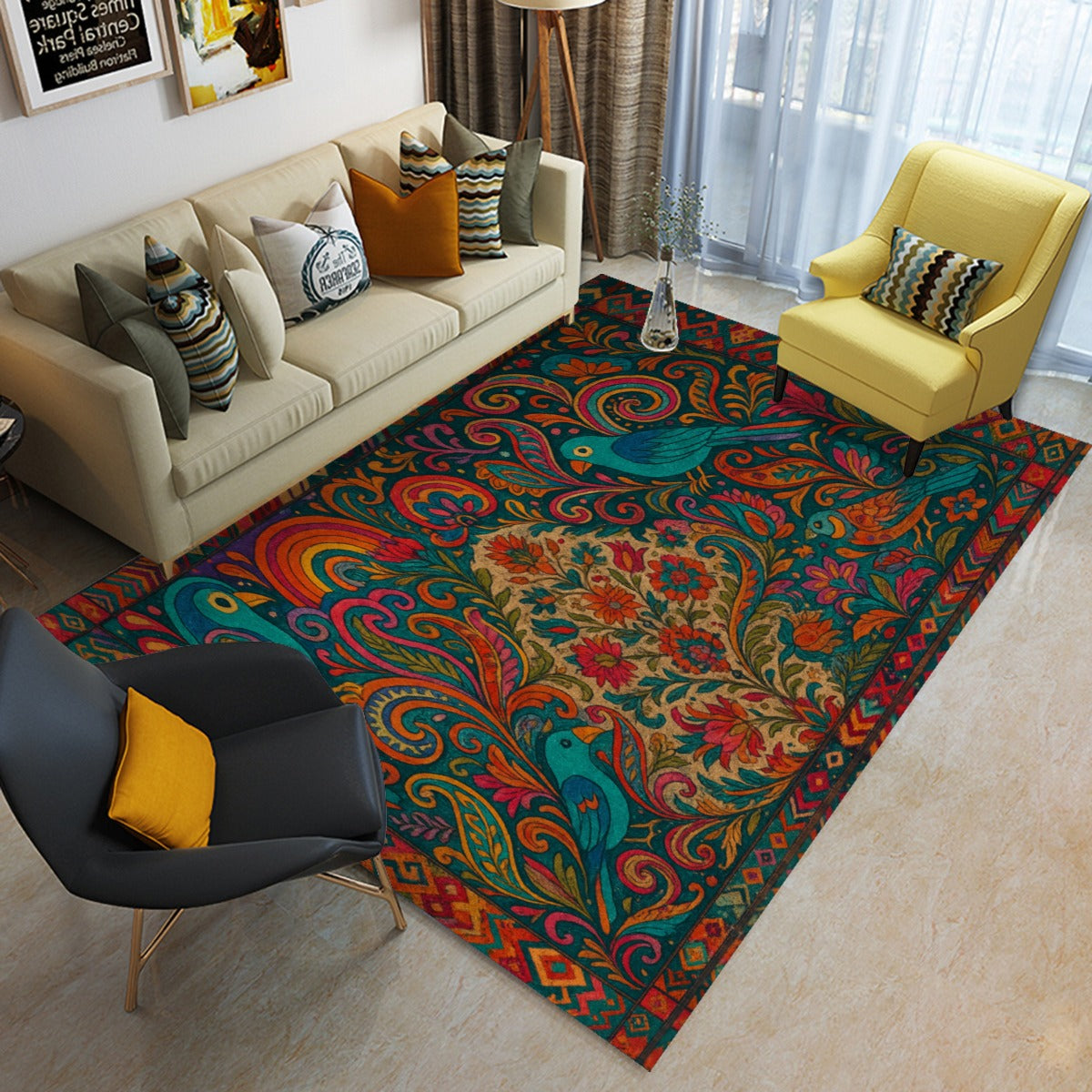 🕊️ Boho Songbird Garden Floor Mat – Foldable Decorative Rug