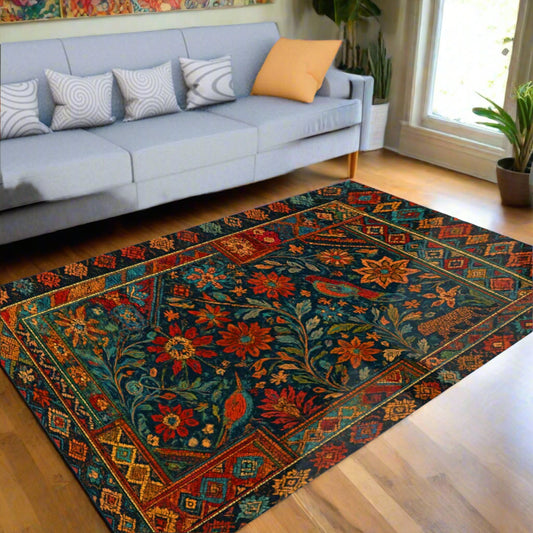 Boho Vintage Garden Rug – Ornate Folk-Inspired Floor Mat with Non-Slip Backing