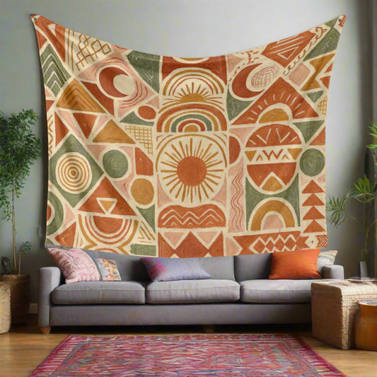 ☀️ Desert Sun Boho Tapestry – Earthy Abstract Wall Art