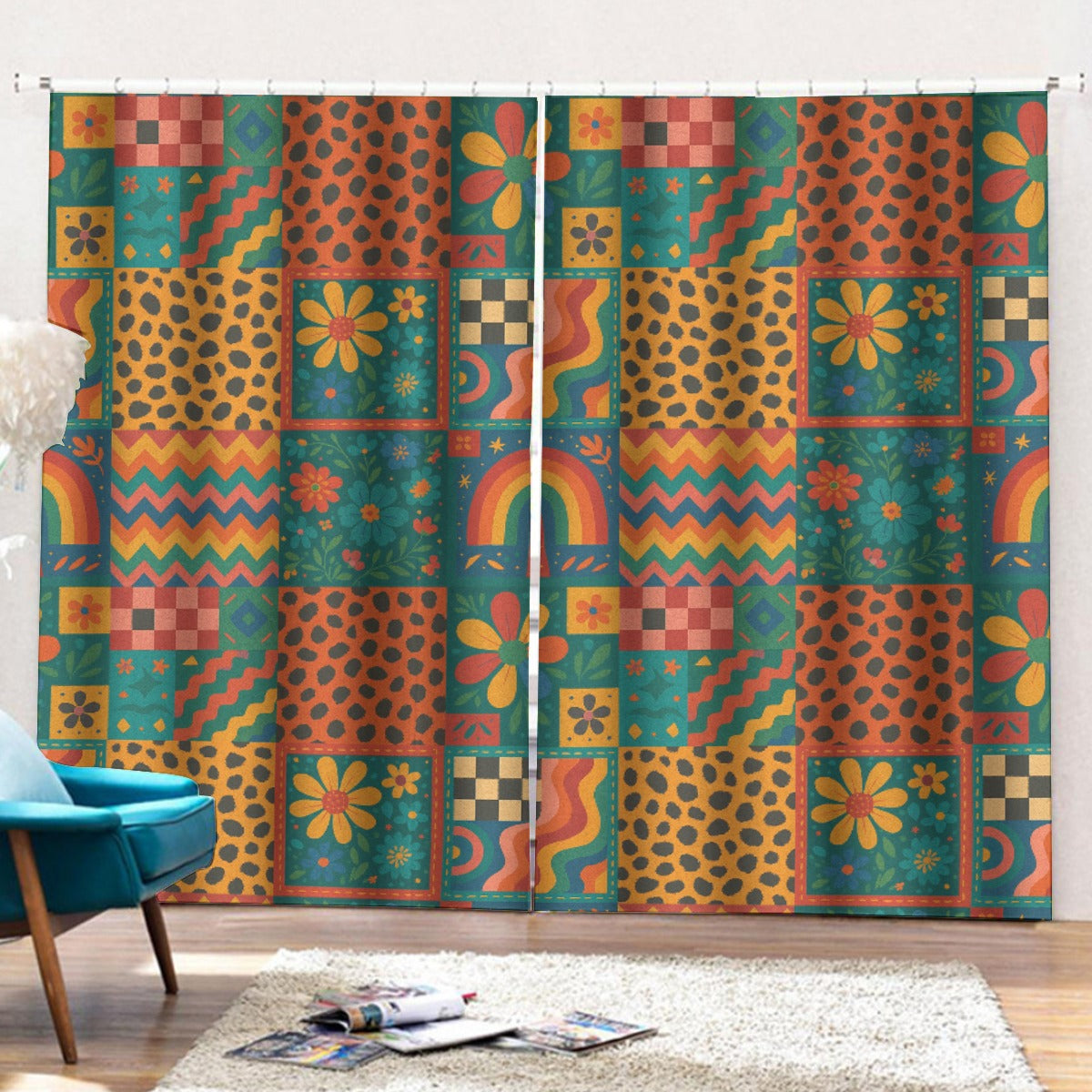 🌈 Maximalist Patchwork Boho Curtains (55.1" x 63") – With Hooks