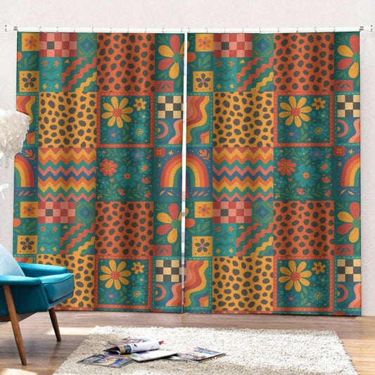 🌈 Maximalist Patchwork Boho Curtains (55.1" x 63") – With Hooks