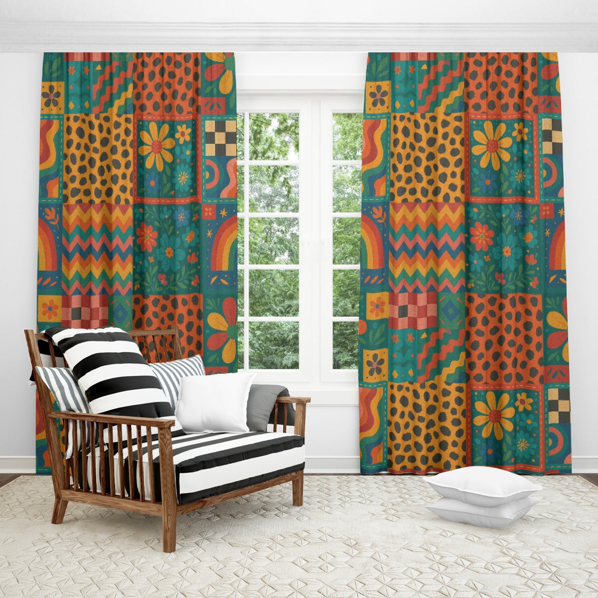 🌈 Maximalist Patchwork Boho Curtains (55.1" x 63") – With Hooks