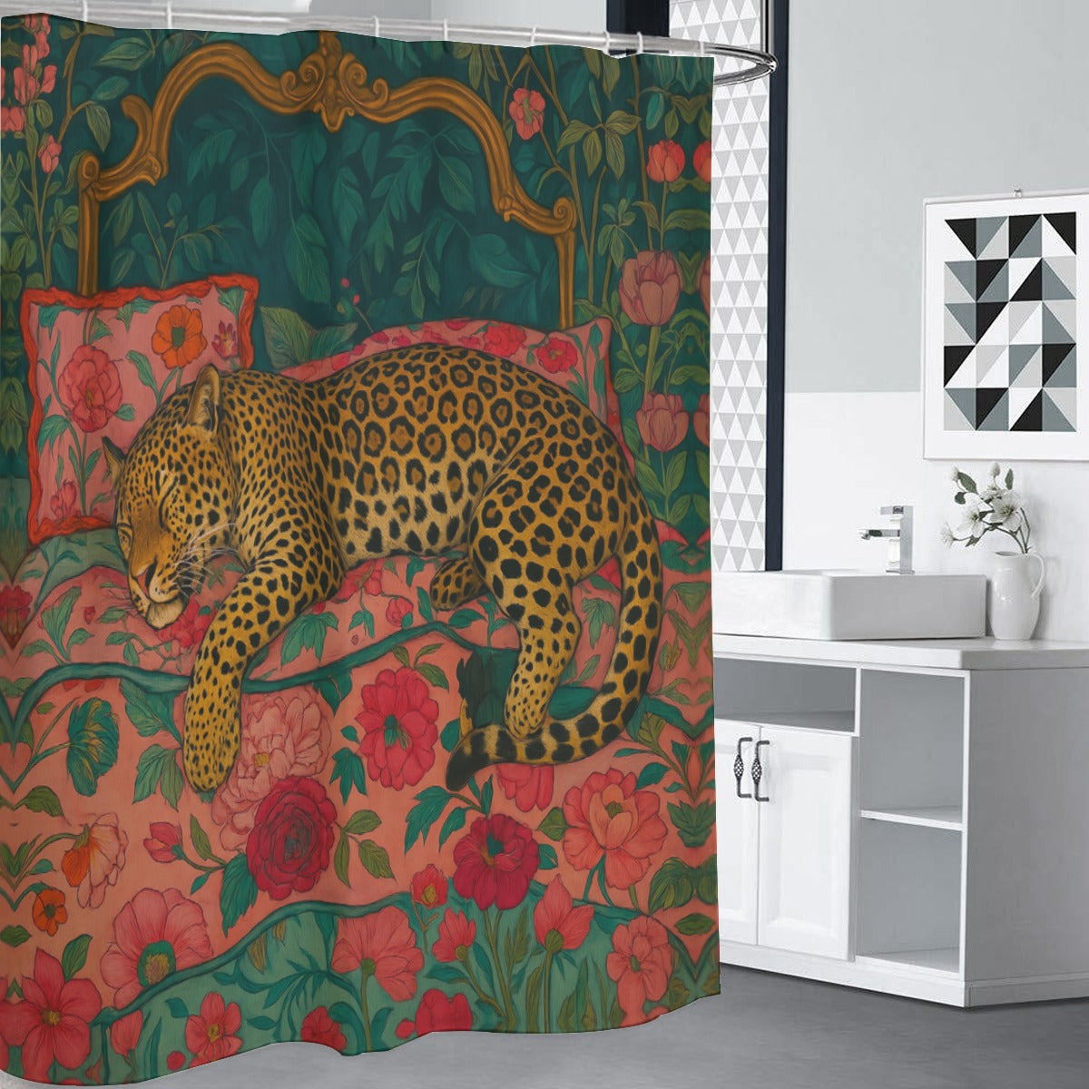 🛁 Leopard Luxe Shower Curtain – Bold Botanical Jungle Vibes