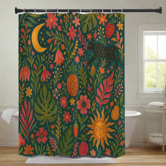 🌞 “Sun & Panther Garden” Boho Shower Curtain | Waterproof | 120×180cm