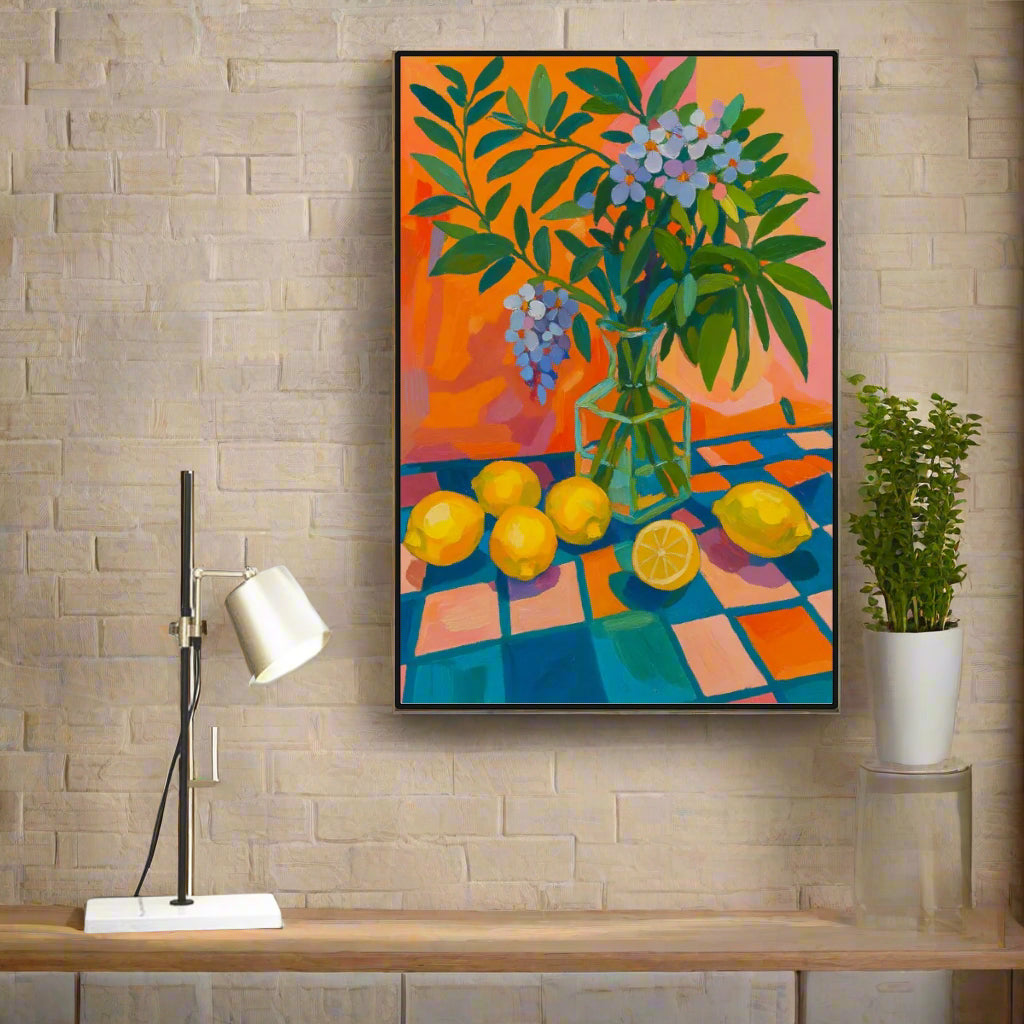 🍋 “Lemon Glow” Black Frame Mural – Colorful Boho Still Life for Maximalist Kitchens & Happy Walls