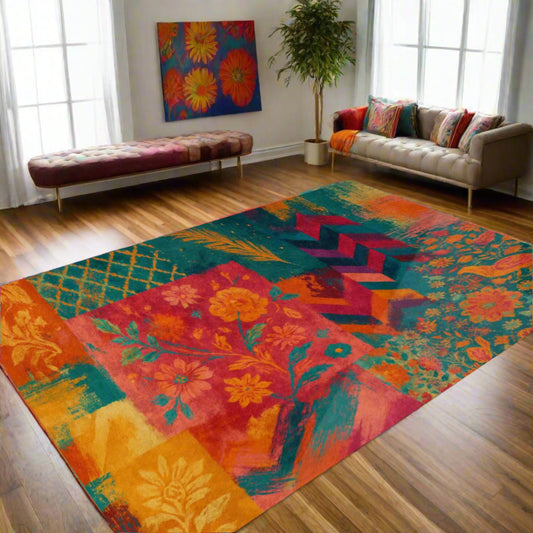 Boho Color Riot Rug – Painterly Patchwork Floor Mat with Non-Slip Backing