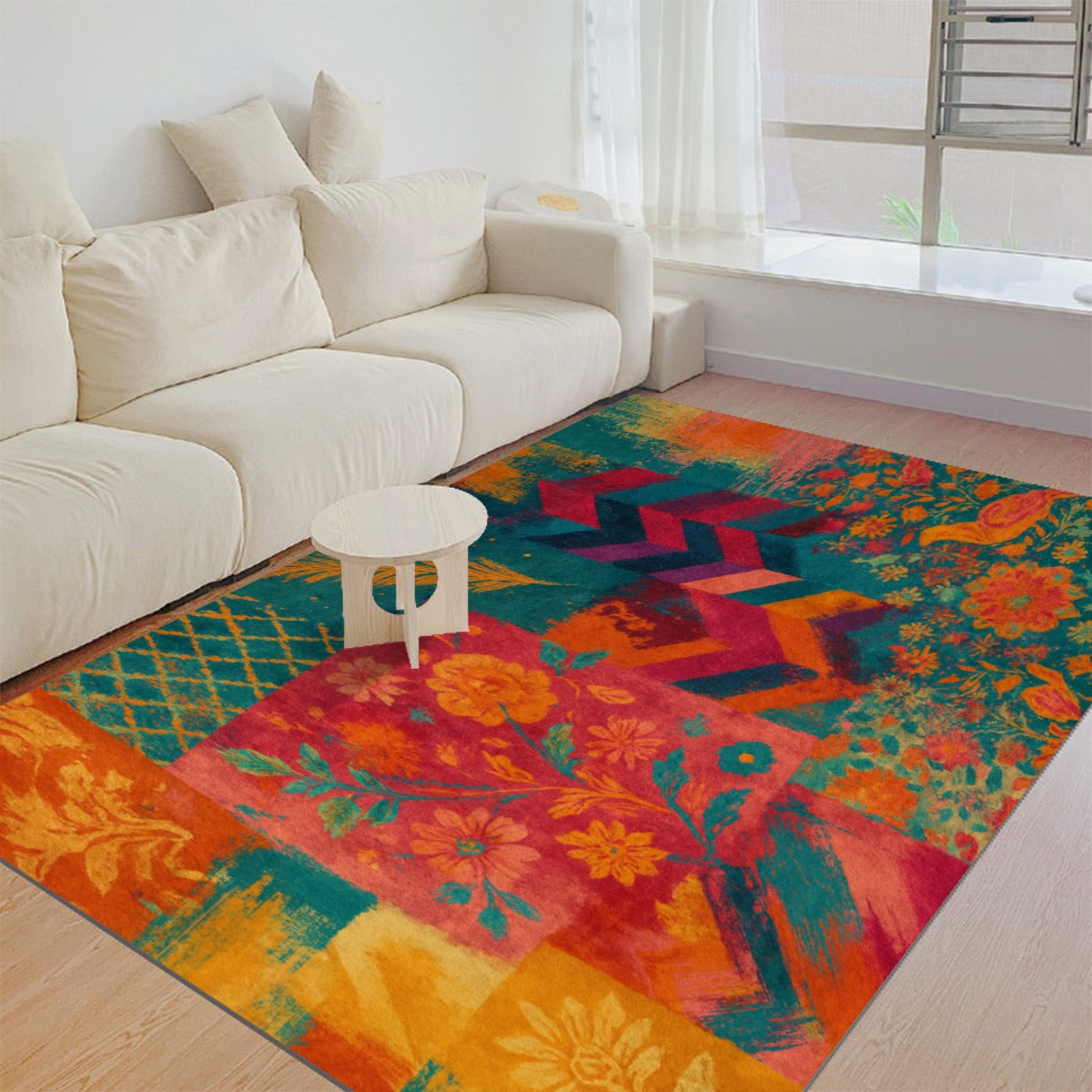 Boho Color Riot Rug – Painterly Patchwork Floor Mat with Non-Slip Backing