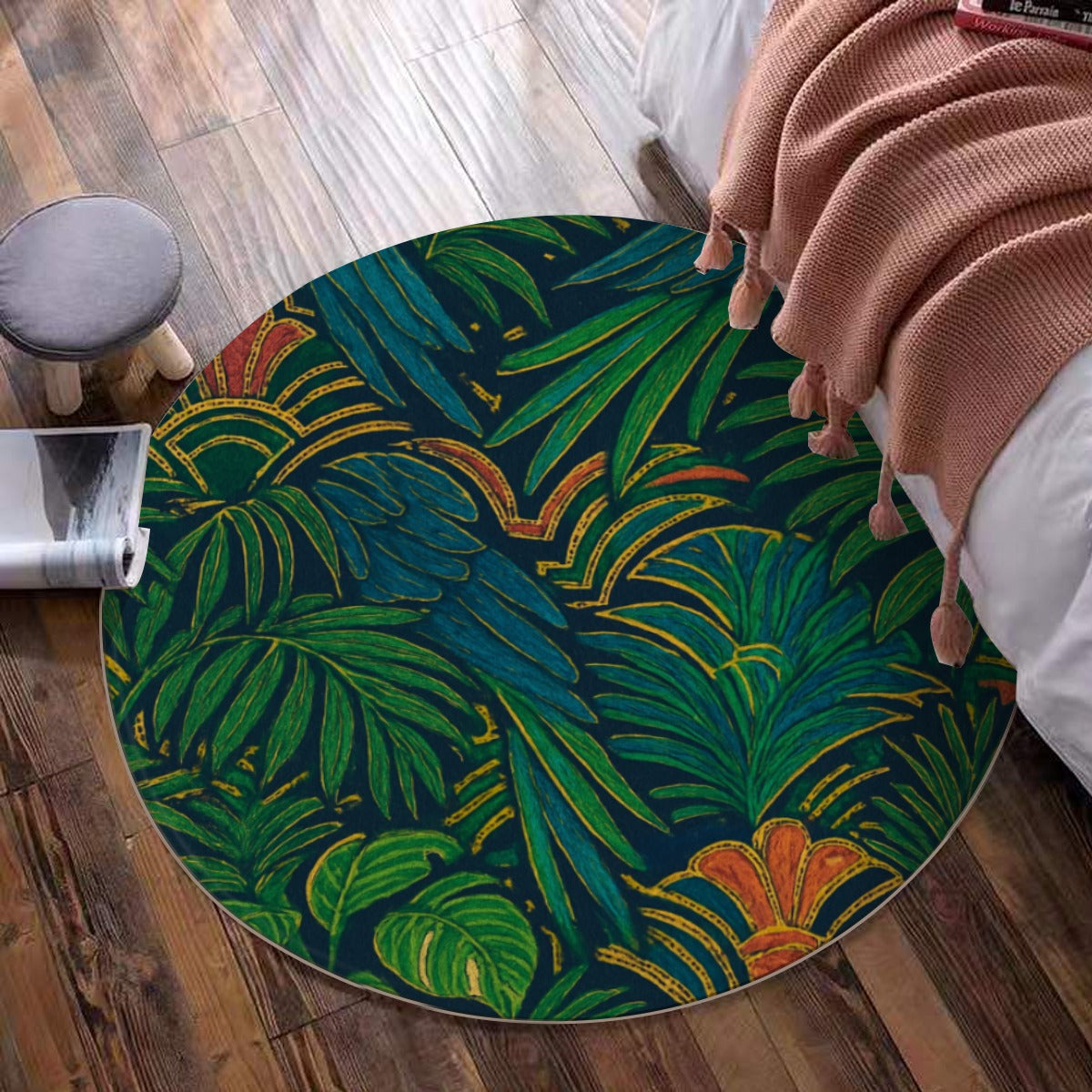 Boho Jungle Round Rug – Tropical Leaf Pattern