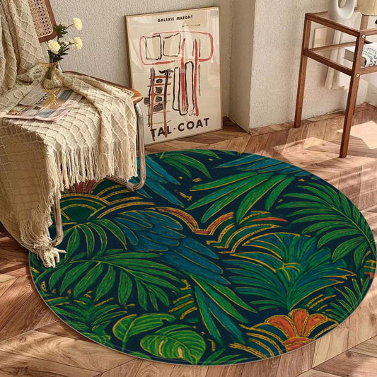 Boho Jungle Round Rug – Tropical Leaf Pattern