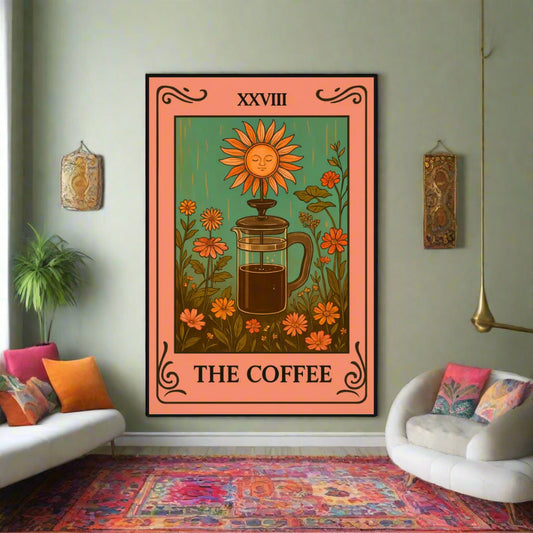 ☕ “The Coffee” Black Frame Mural – Whimsical Boho Wall Art for Caffeinated Souls