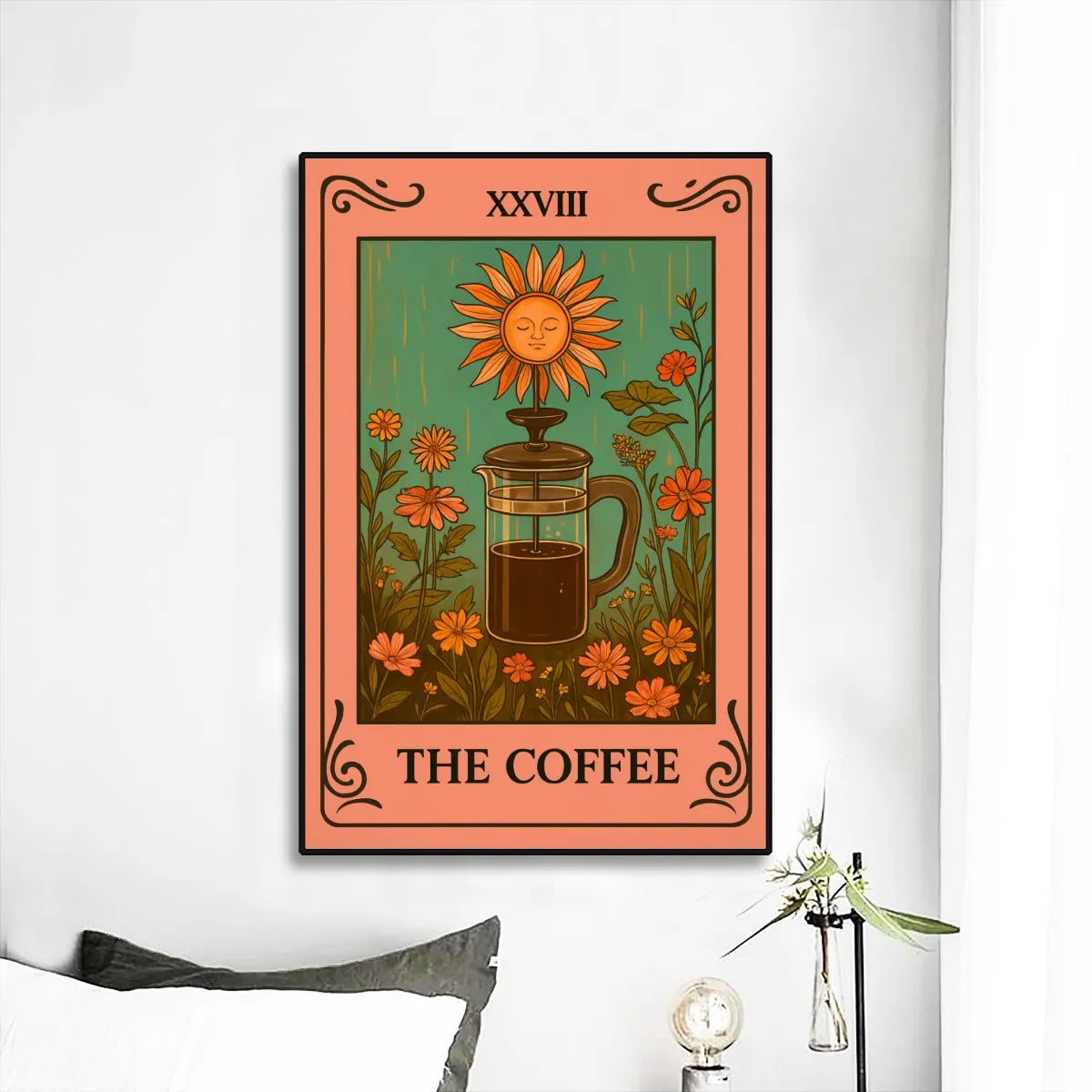 ☕ “The Coffee” Black Frame Mural – Whimsical Boho Wall Art for Caffeinated Souls