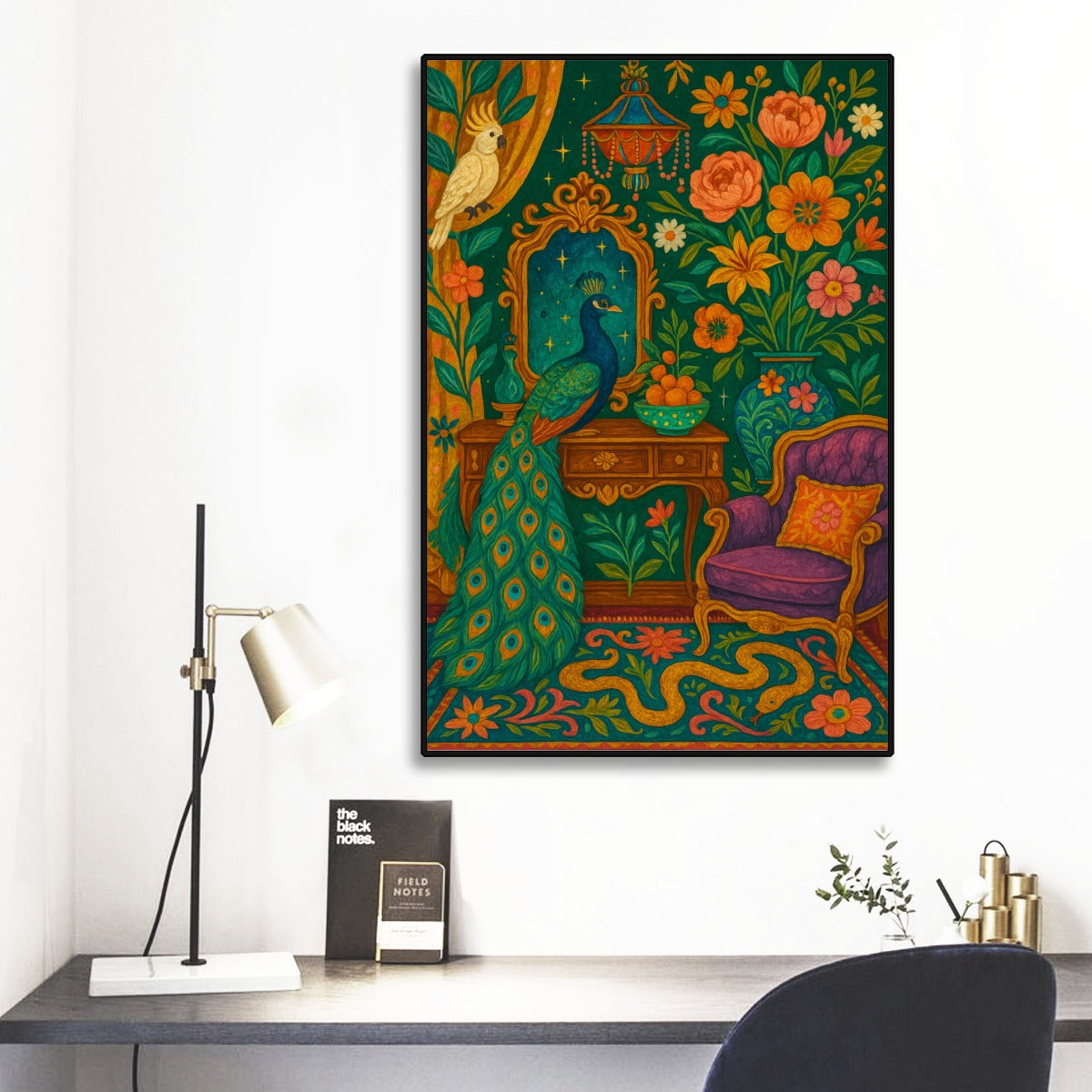 🦚 “Peacock Parlor” Black Frame Mural – Maximalist Boho Wall Art for Bold Interiors