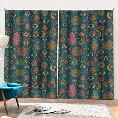 🔮 Celestial Boho Curtains with Hooks (55.1" x 63") – Third Eye & Moon Print