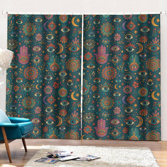 🔮 Celestial Boho Curtains with Hooks (55.1" x 63") – Third Eye & Moon Print