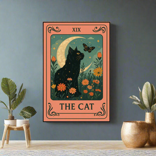 🌙 “The Cat” Black Frame Mural – Mystical Boho Wall Art for Maximalist Souls