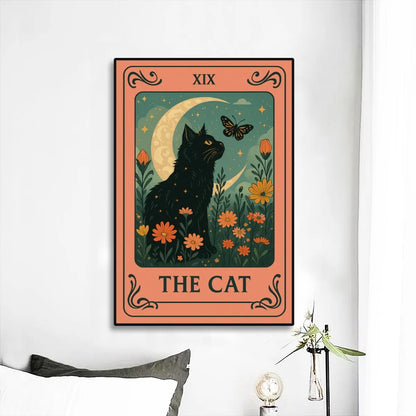 🌙 “The Cat” Black Frame Mural – Mystical Boho Wall Art for Maximalist Souls