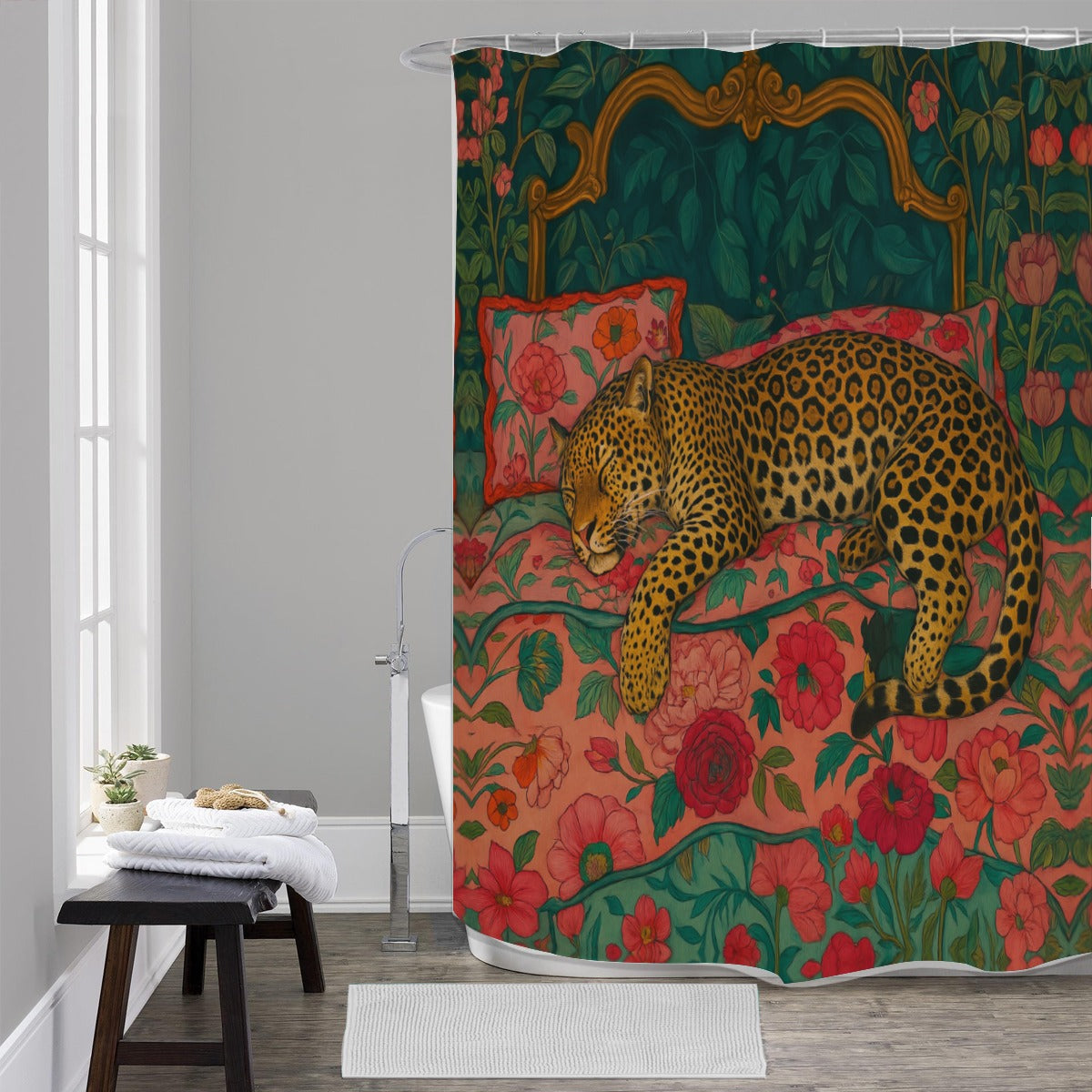 🛁 Leopard Luxe Shower Curtain – Bold Botanical Jungle Vibes