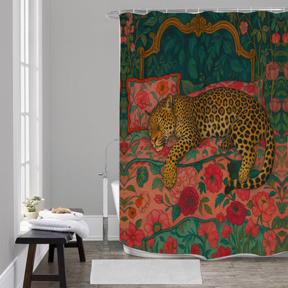 🛁 Leopard Luxe Shower Curtain – Bold Botanical Jungle Vibes