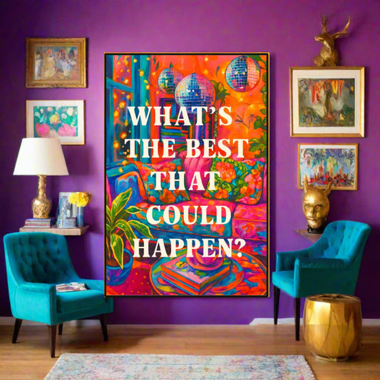 🌈 “What’s The Best That Could Happen?” Black Frame Mural – Bold Positivity for Boho Maximalist Spaces