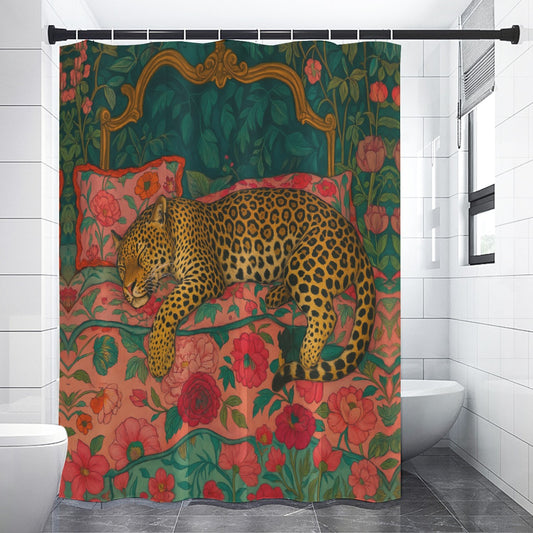🛁 Leopard Luxe Shower Curtain – Bold Botanical Jungle Vibes