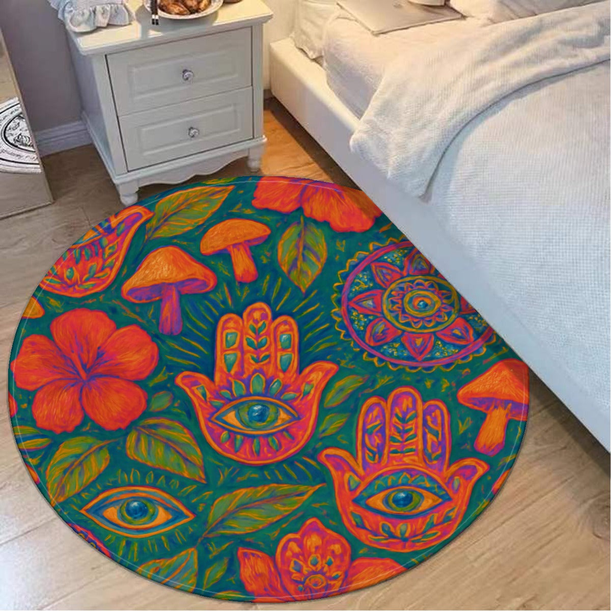 Mystic Boho Round Mat – Hamsa, Mandalas, Mushrooms & Botanicals (Foldable + Non-Slip)