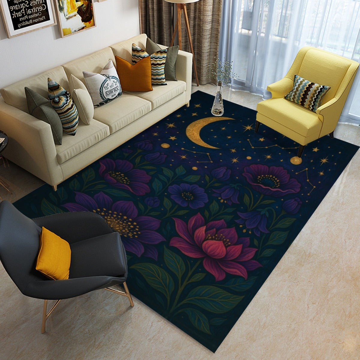 🌙 Cosmic Garden Floor Mat – Boho Maximalist Dream Rug