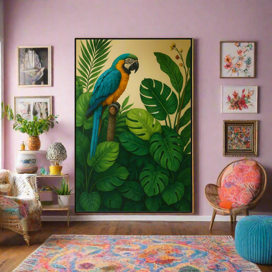 🦜 Jungle Majesty Wall Art – Boho Maximalist Oil Canvas Print