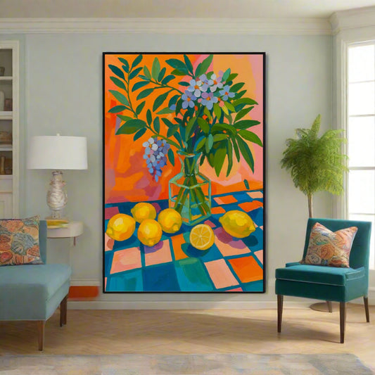 🍋 “Lemon Glow” Black Frame Mural – Colorful Boho Still Life for Maximalist Kitchens & Happy Walls