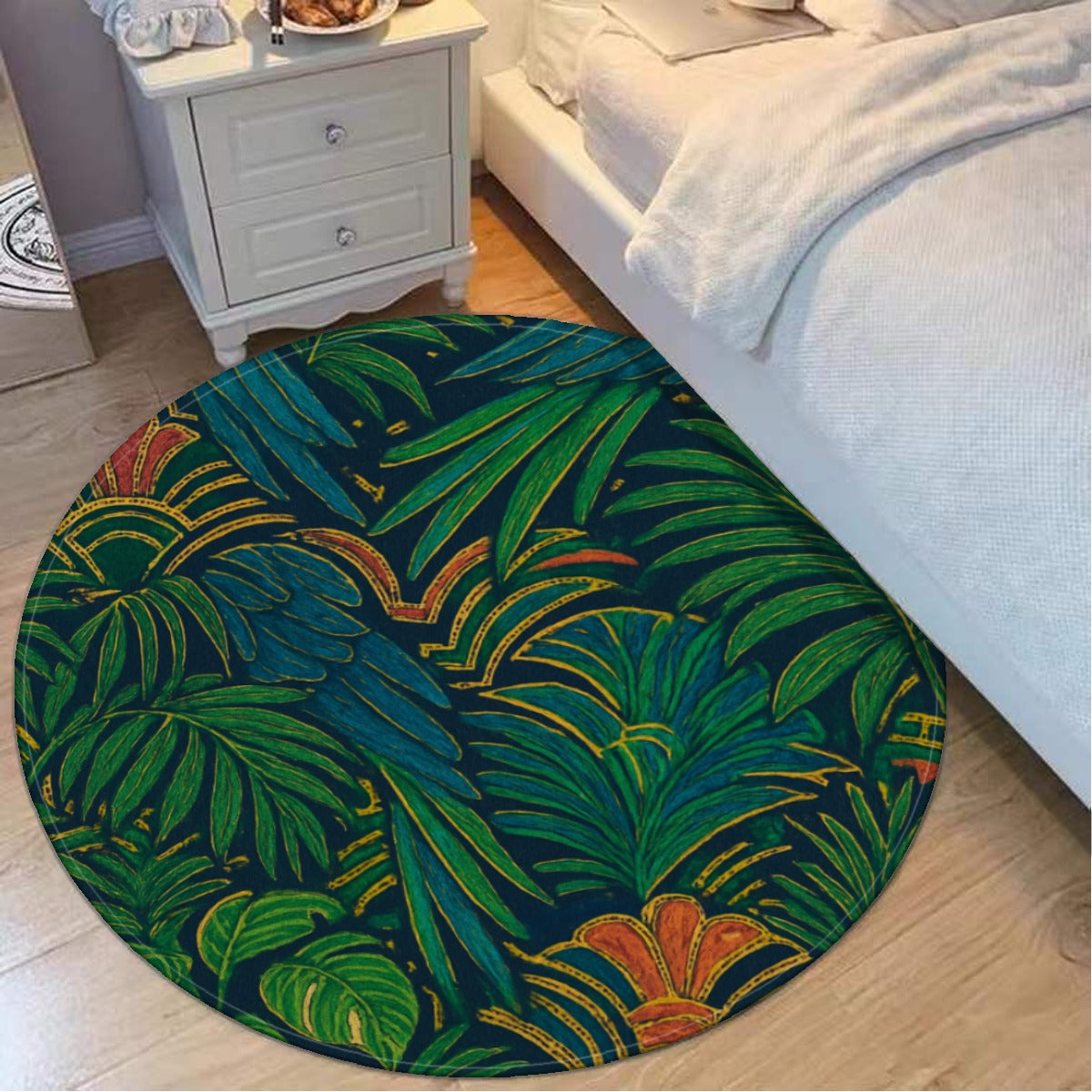 Boho Jungle Round Rug – Tropical Leaf Pattern