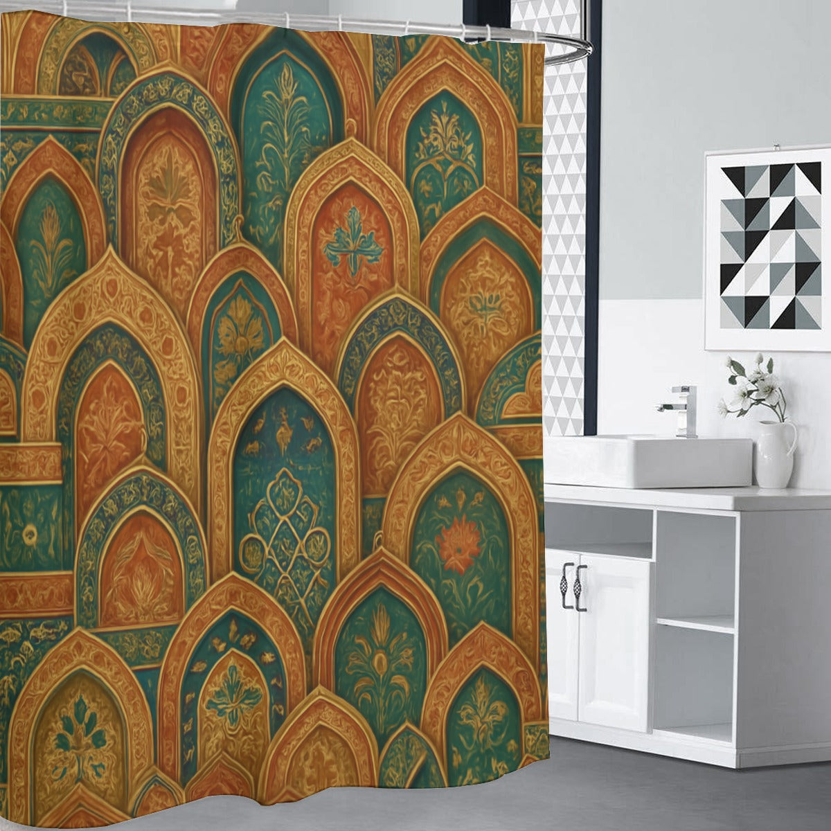 🕌 “Golden Arches” Luxe Boho Shower Curtain | Waterproof | 120×180cm