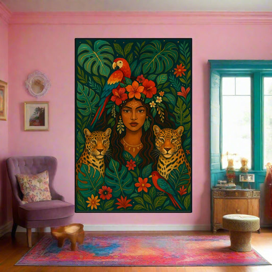 Boho Jungle Queen Framed Canvas Wall Art – Black Frame