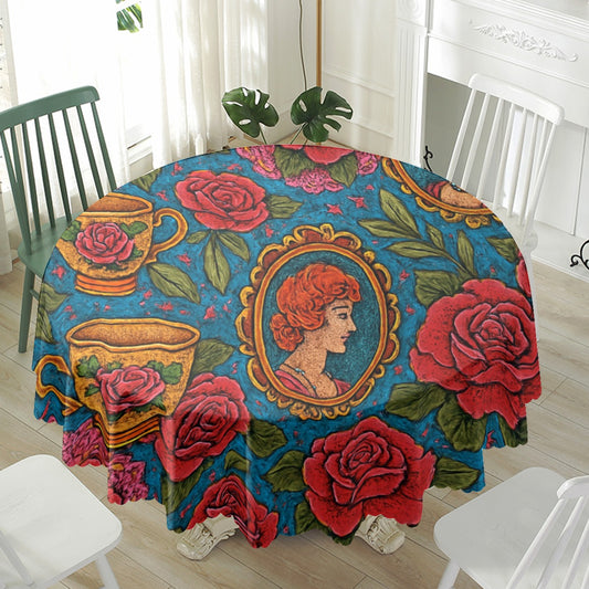 🌹 Maximalist Boho Round Tablecloth – Vintage Cameo & Roses (Waterproof)