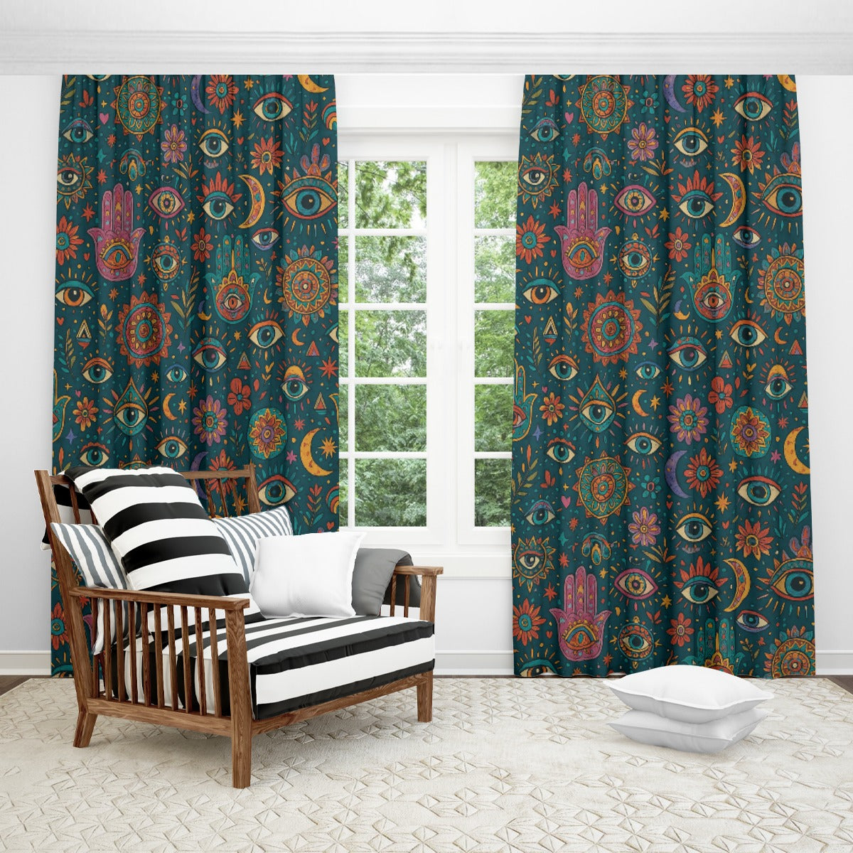 🔮 Celestial Boho Curtains with Hooks (55.1" x 63") – Third Eye & Moon Print