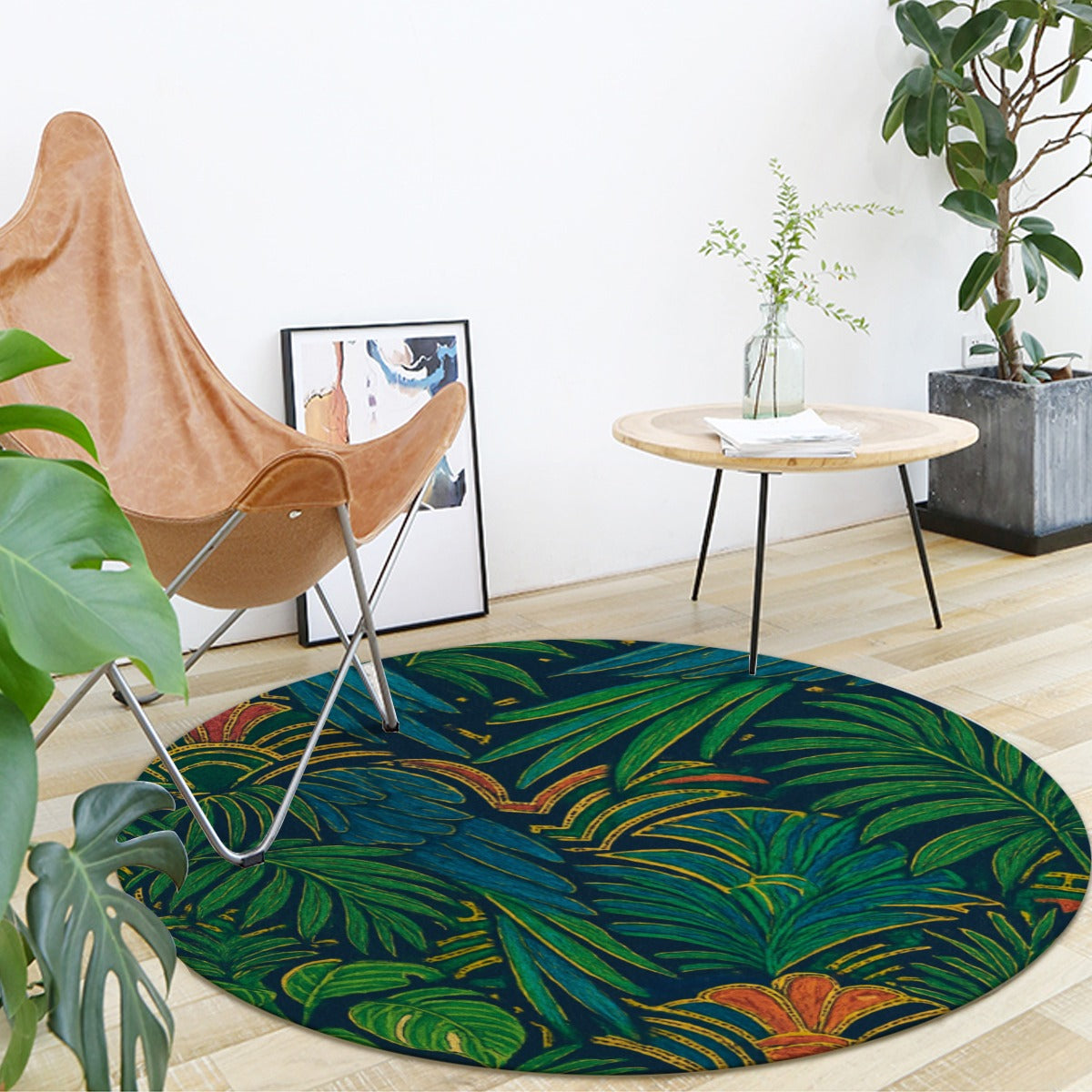 Boho Jungle Round Rug – Tropical Leaf Pattern