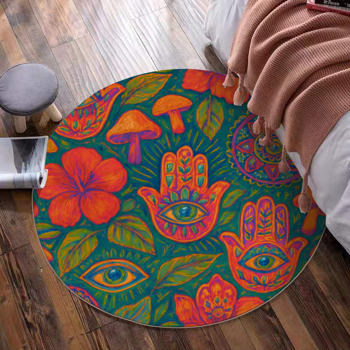 Mystic Boho Round Mat – Hamsa, Mandalas, Mushrooms & Botanicals (Foldable + Non-Slip)