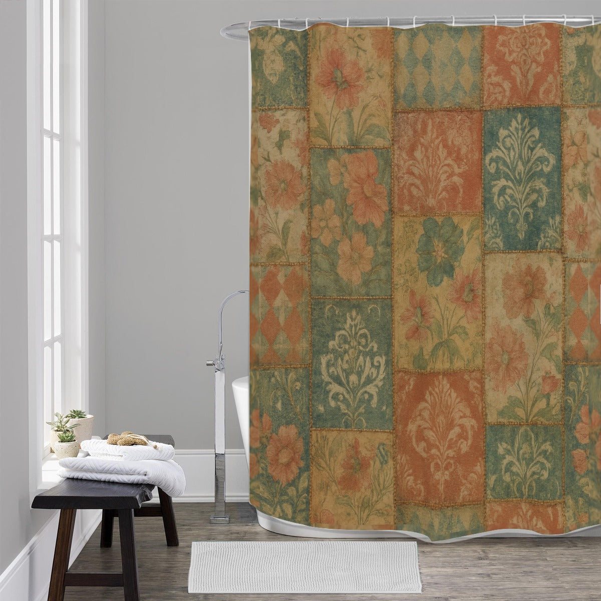 🌸 “Vintage Patchwork Garden” Shower Curtain | Waterproof | 120×180cm