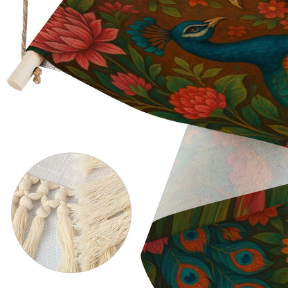 Boho Maximalist Cotton & Linen Wall Hanging – Vibrant Peacock & Floral Tapestry