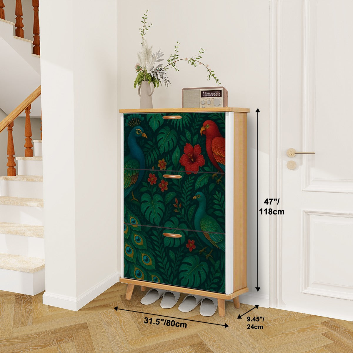🍃 Tropical Bloom Flip-Door Shoe Cabinet – 3-Tier Boho Jungle Vibes Organizer