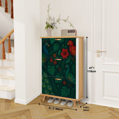 🍃 Tropical Bloom Flip-Door Shoe Cabinet – 3-Tier Boho Jungle Vibes Organizer