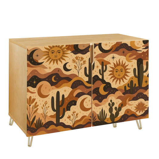 🌵 Desert Sol Sideboard – 2-Door Boho Cabinet with Sun &amp; Cactus Leather Texture (35")