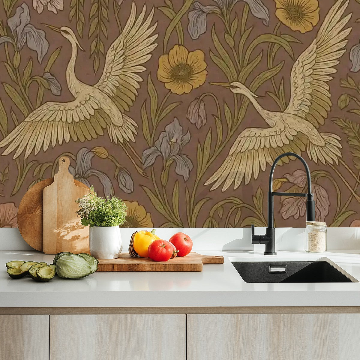 Vintage Cranes & Wildflowers Peel & Stick Wallpaper – 60"x50" (PVC, Waterproof, Easy Install)