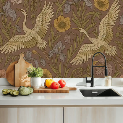Vintage Cranes & Wildflowers Peel & Stick Wallpaper – 60"x50" (PVC, Waterproof, Easy Install)