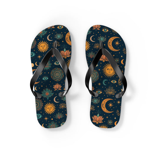 Celestial Print Flip Flops - Bohemian Sun & Moon Design for Summer Adventures