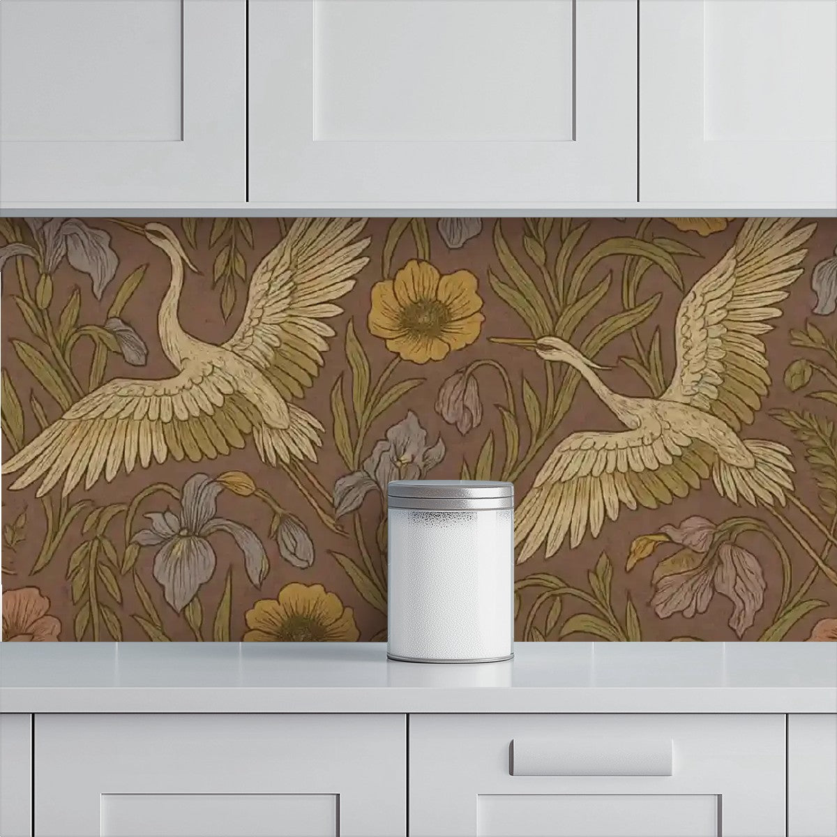 Vintage Cranes & Wildflowers Peel & Stick Wallpaper – 60"x50" (PVC, Waterproof, Easy Install)