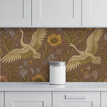 Vintage Cranes & Wildflowers Peel & Stick Wallpaper – 60"x50" (PVC, Waterproof, Easy Install)