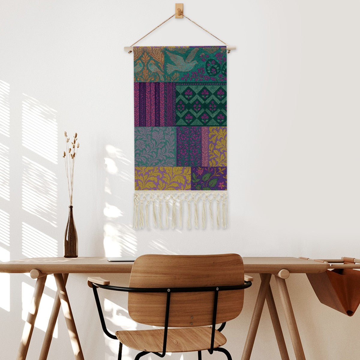 Boho Maximalist Cotton & Linen Wall Hanging – Eclectic Patchwork Tapestry