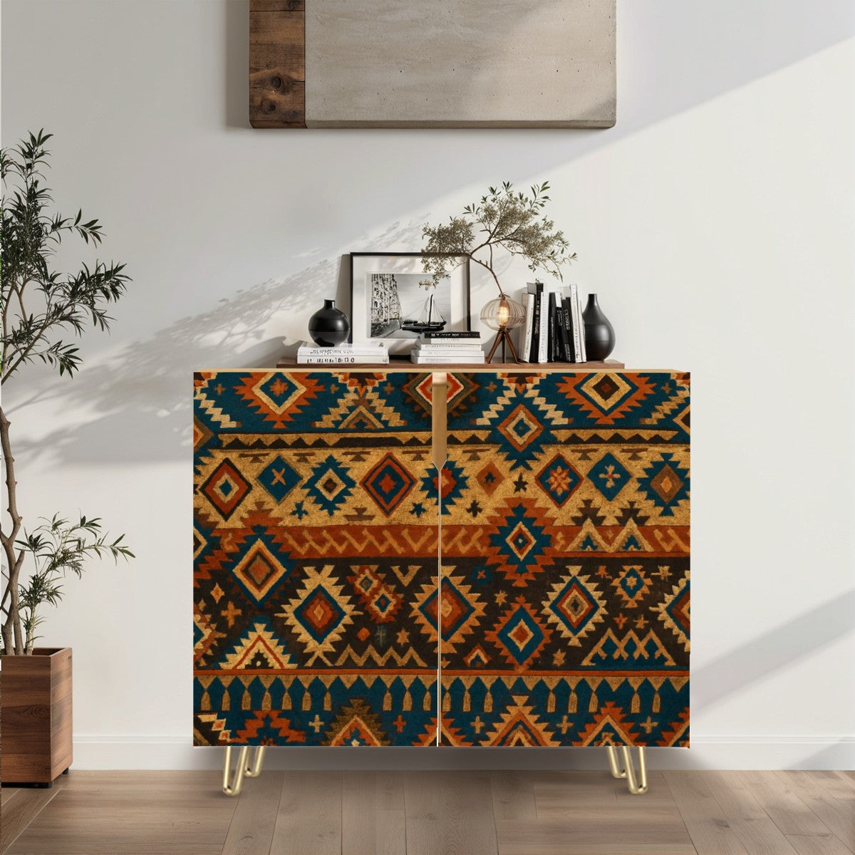🪶 Nomad Earth Sideboard – 2-Door Boho Tribal Cabinet with Leather-Textured Aztec Print (35")