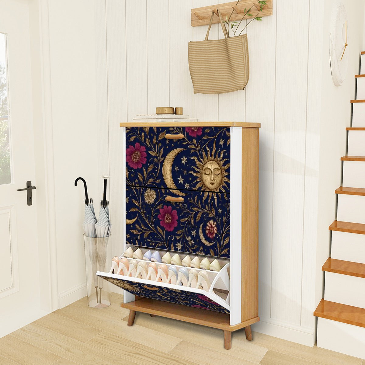 🌙 Celestial Bloom Flip-Door Shoe Cabinet – 3-Tier Boho Sun &amp; Moon Organizer