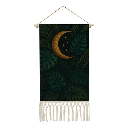Celestial Jungle Boho Wall Hanging | Linen & Wood Banner with Fringe | Maximalist Moon & Botanical Art